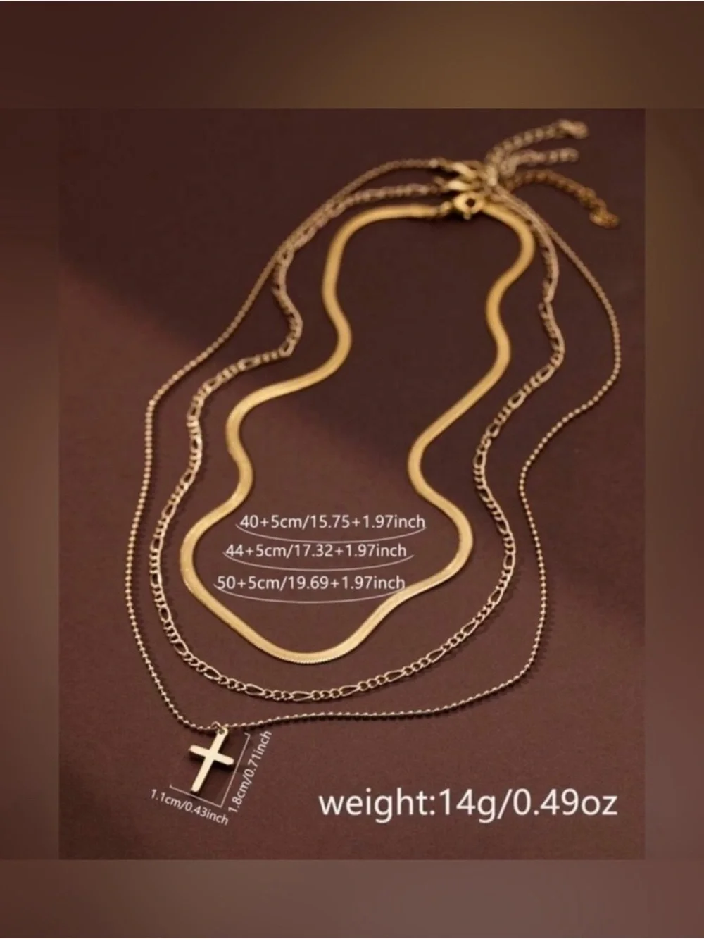 Gold Plated Stainless Steel 3pc Cross Herringbone Necklace Set